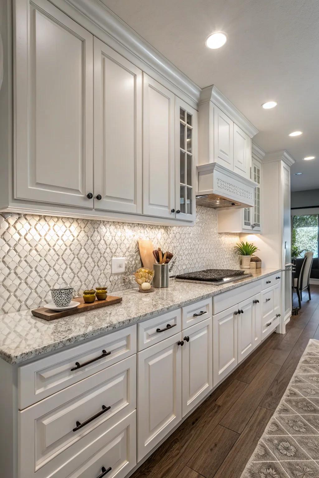 3D tiles create a captivating and textured visual effect in the kitchen.