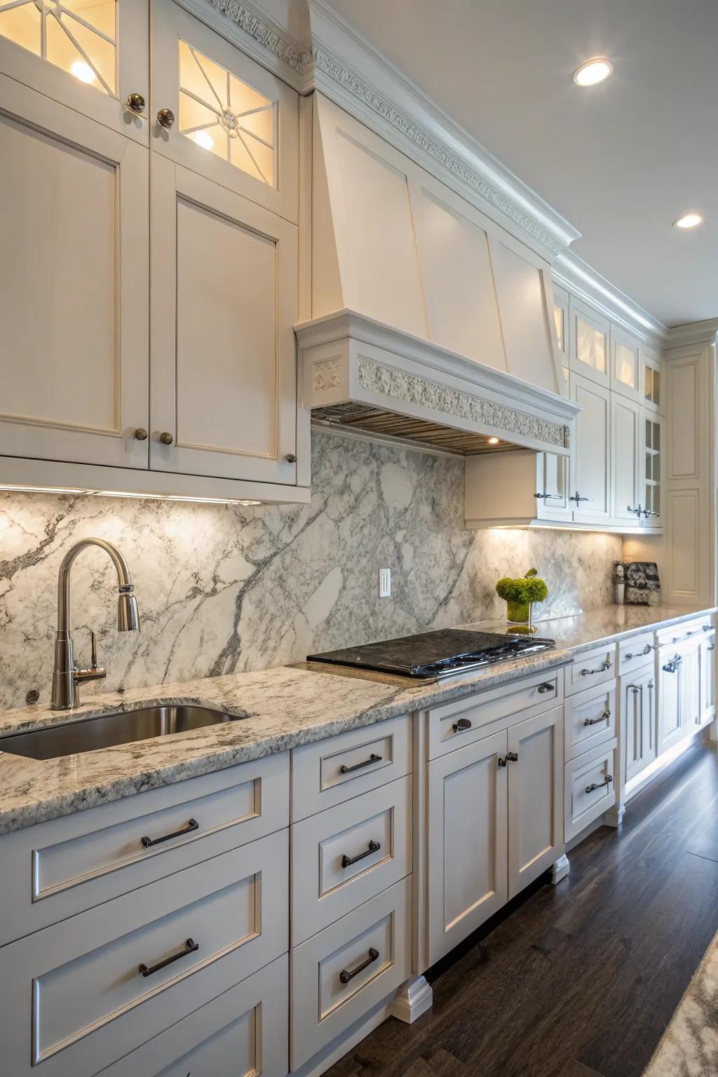 Marble and granite establish a lavish kitchen duo.