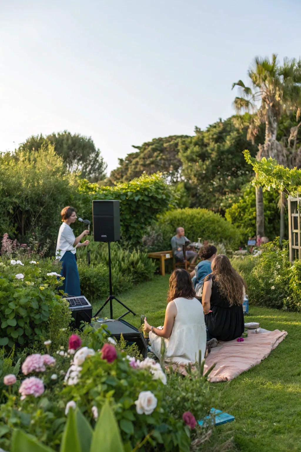 Atmospheric music enhances the mood of the garden party.