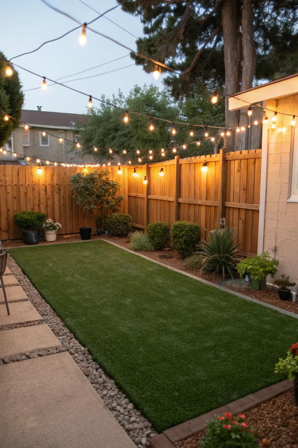 A turf area illuminated by decorative lights.