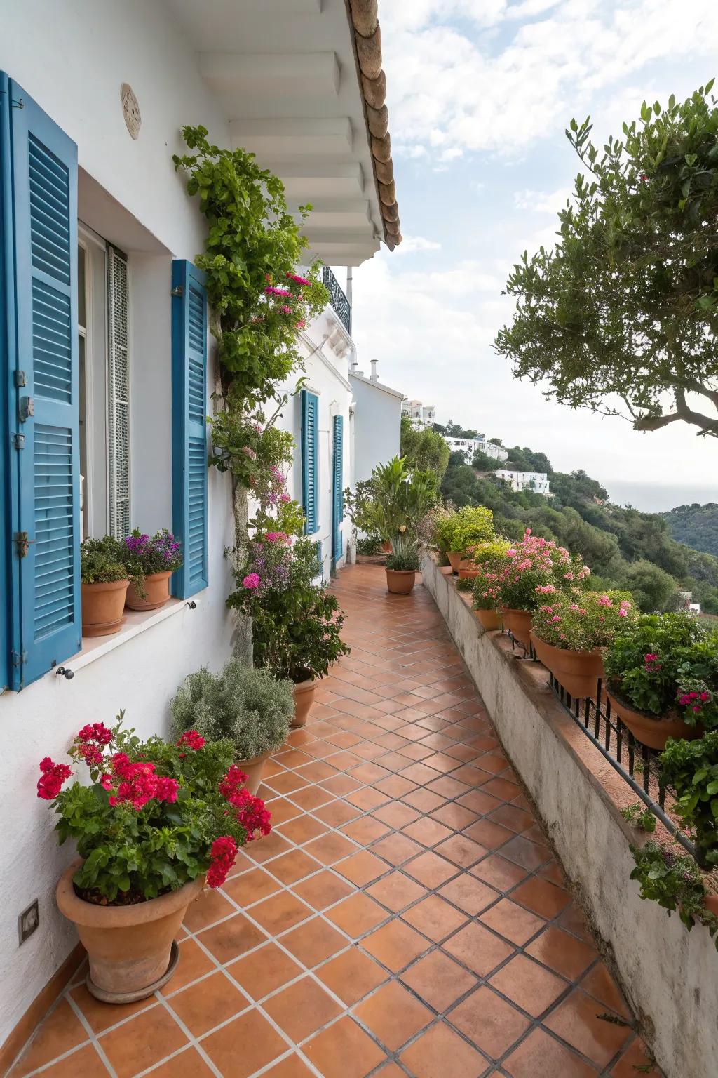 Terracotta tiles add warmth and earthiness, perfect for a sun-kissed Mediterranean vibe.