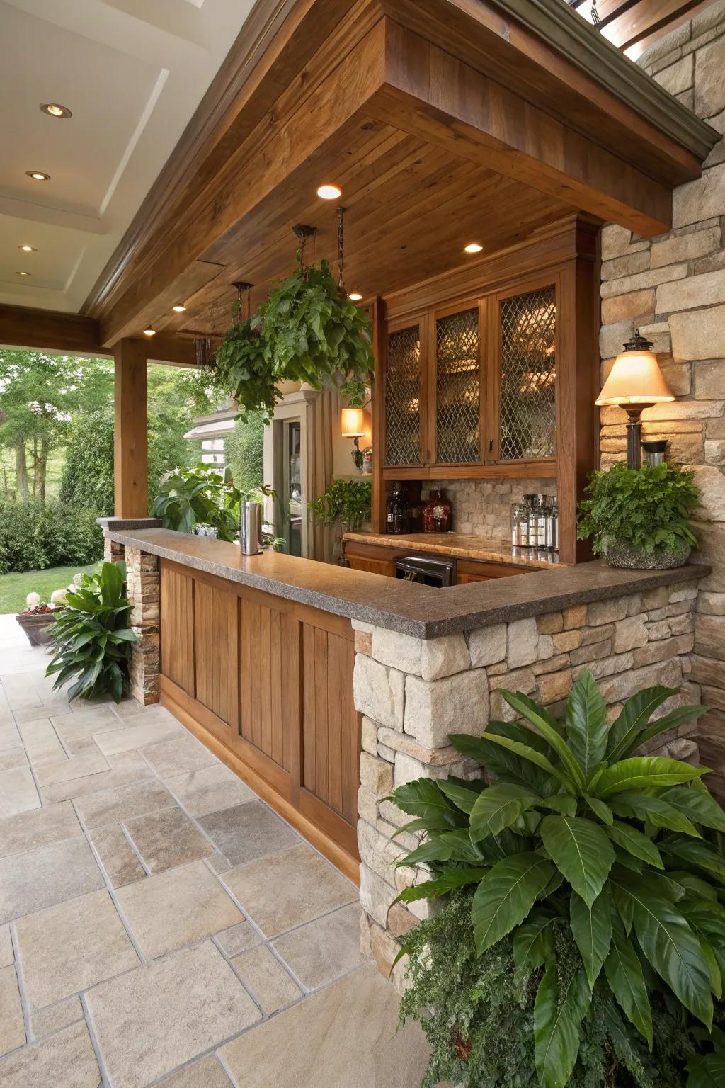 Verdant accents infuse warmth and peace into your bar.
