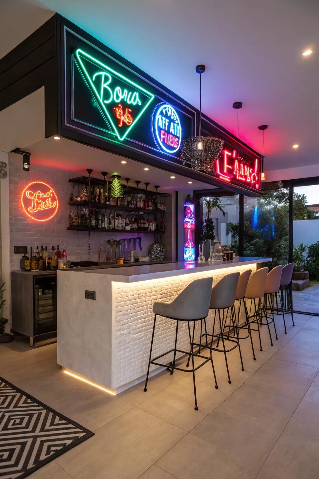 Electric lights den provides a modern flair through vibrant lighting.