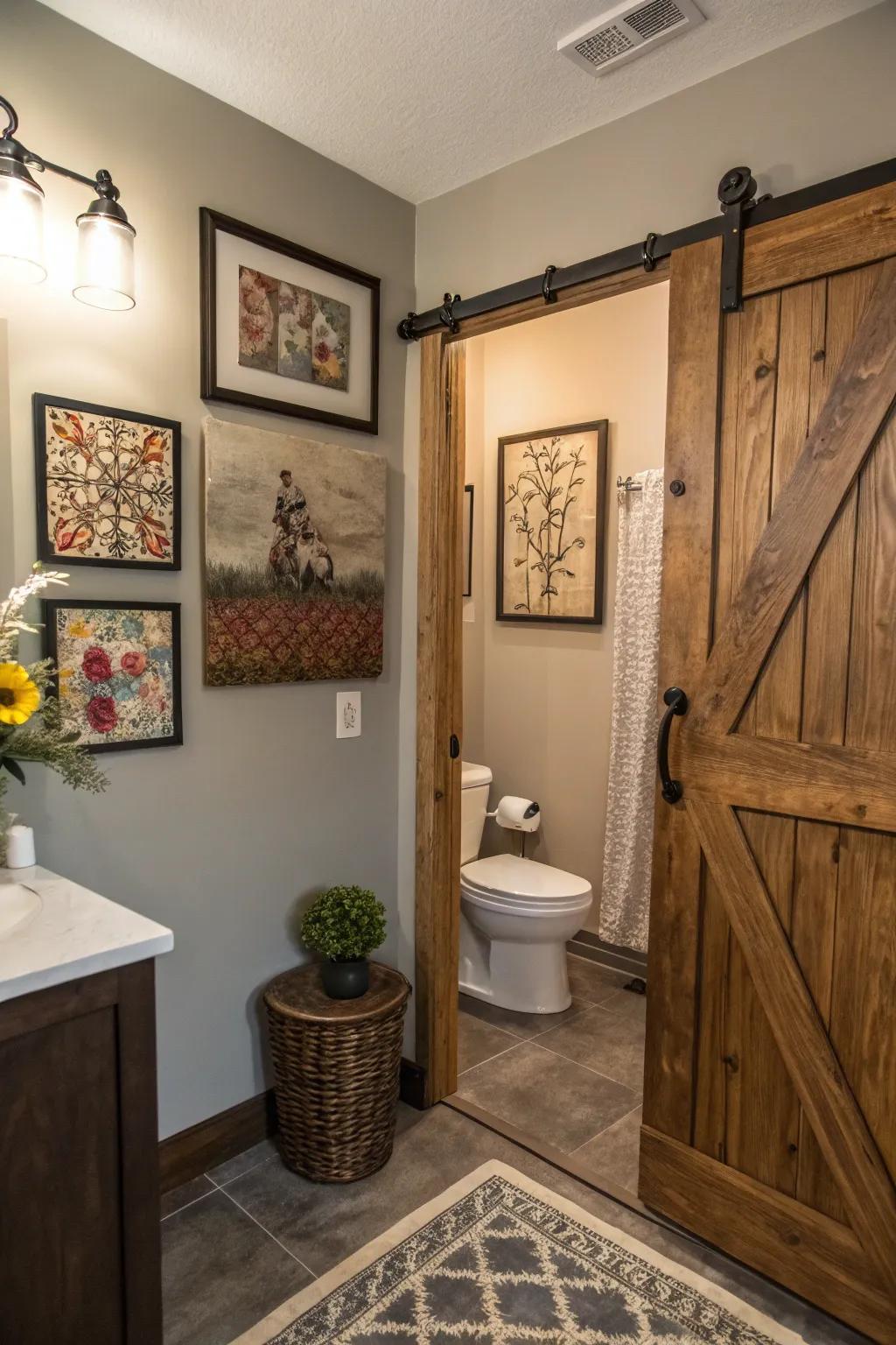 Bespoke art transforms the barn door into a distinctive centerpiece.