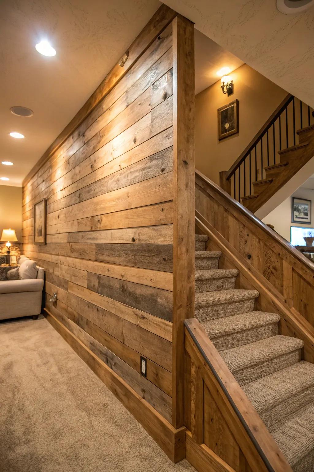 Wood plank creating a snug nook beneath the stairs.