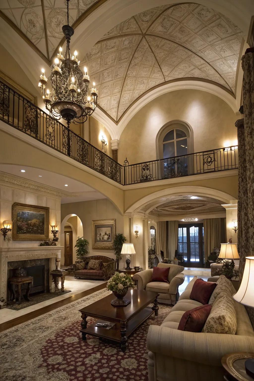 A theatrical living space showcasing a multi-tiered arched ceiling as the centerpiece.