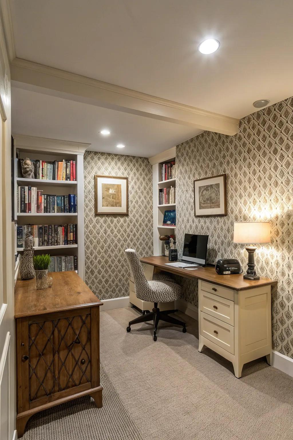 The texture of the wallpaper gives your office character and visual appeal.