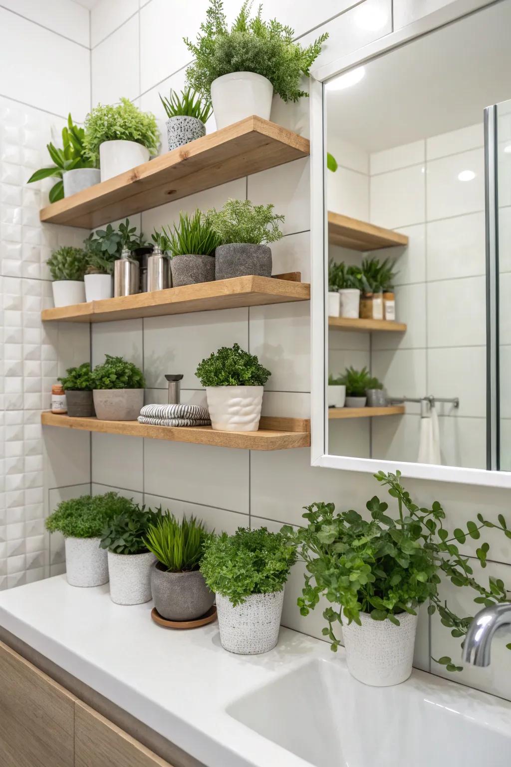 Small potted plants bring a fresh touch to bathroom shelves.