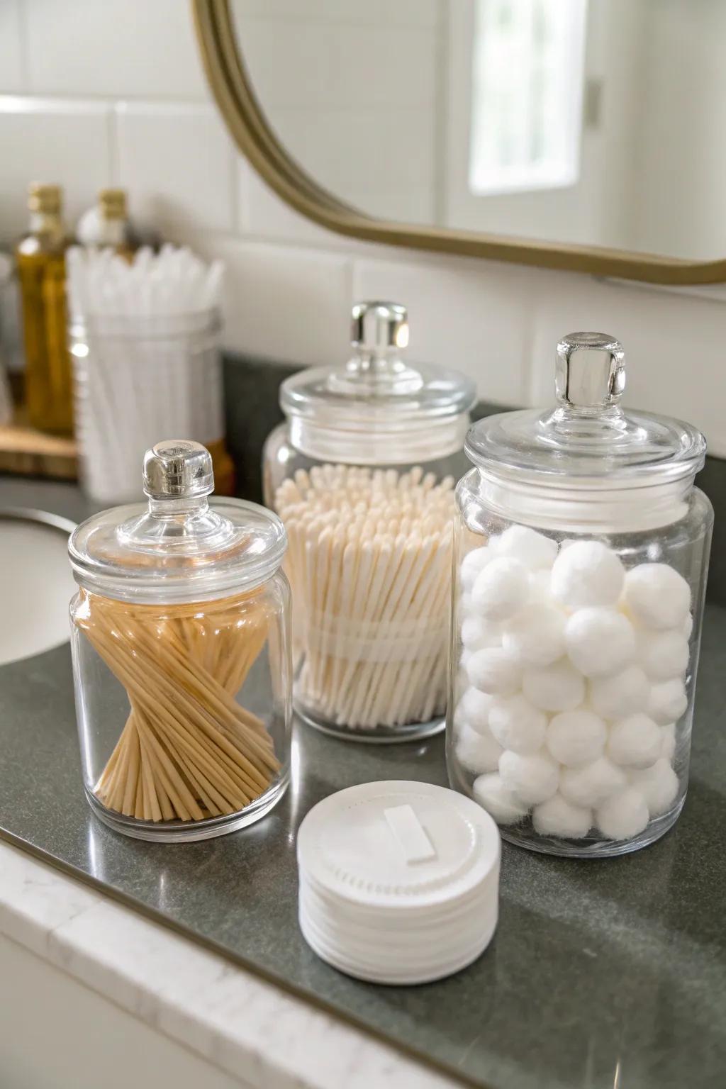 See-through jars allow easy view of essentials.