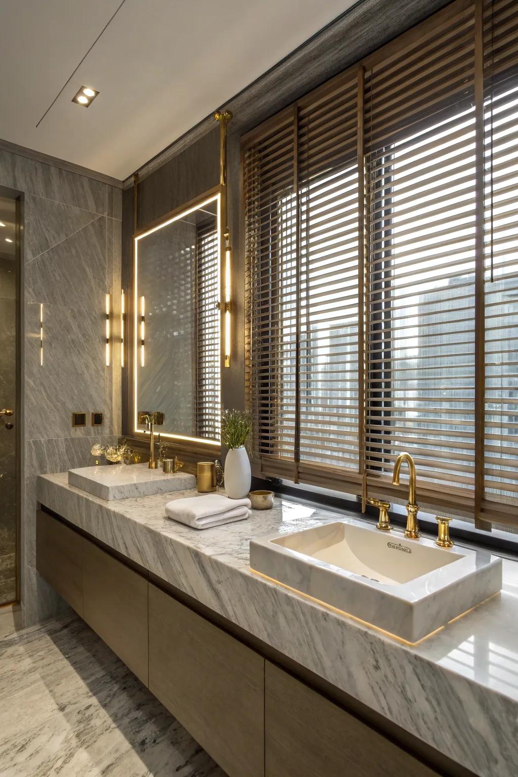 Glamorous gleam: Metal blinds elevate your bathroom's style.