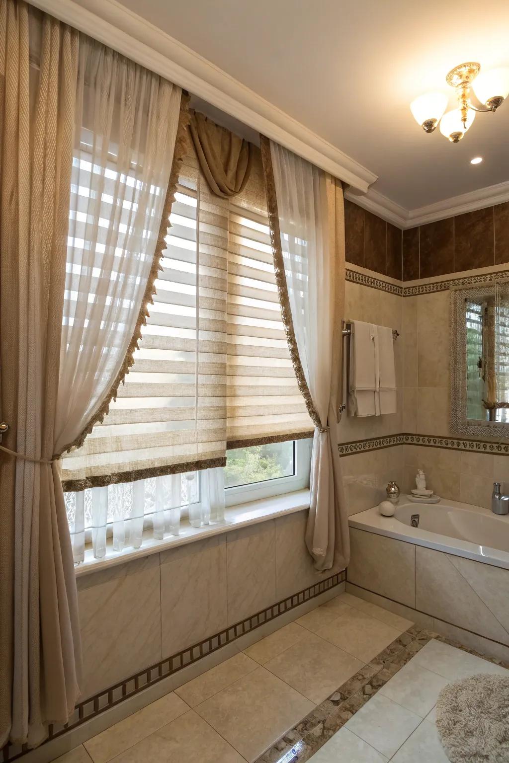 Layers of window treatments offer adjustable light and privacy control.