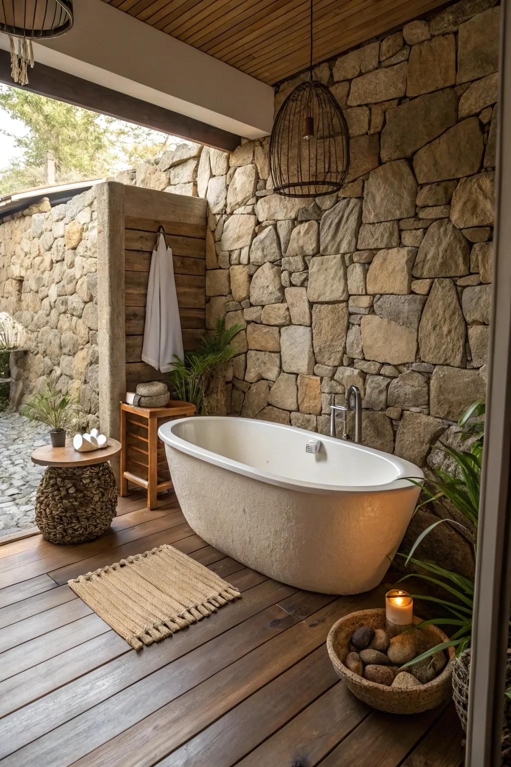 Different materials add depth and visual interest to this bathtub area.