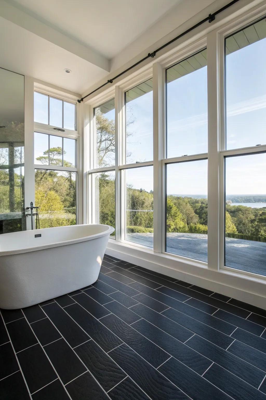 Solar light emphasizes the sensational beauty of a dark-toned floor.