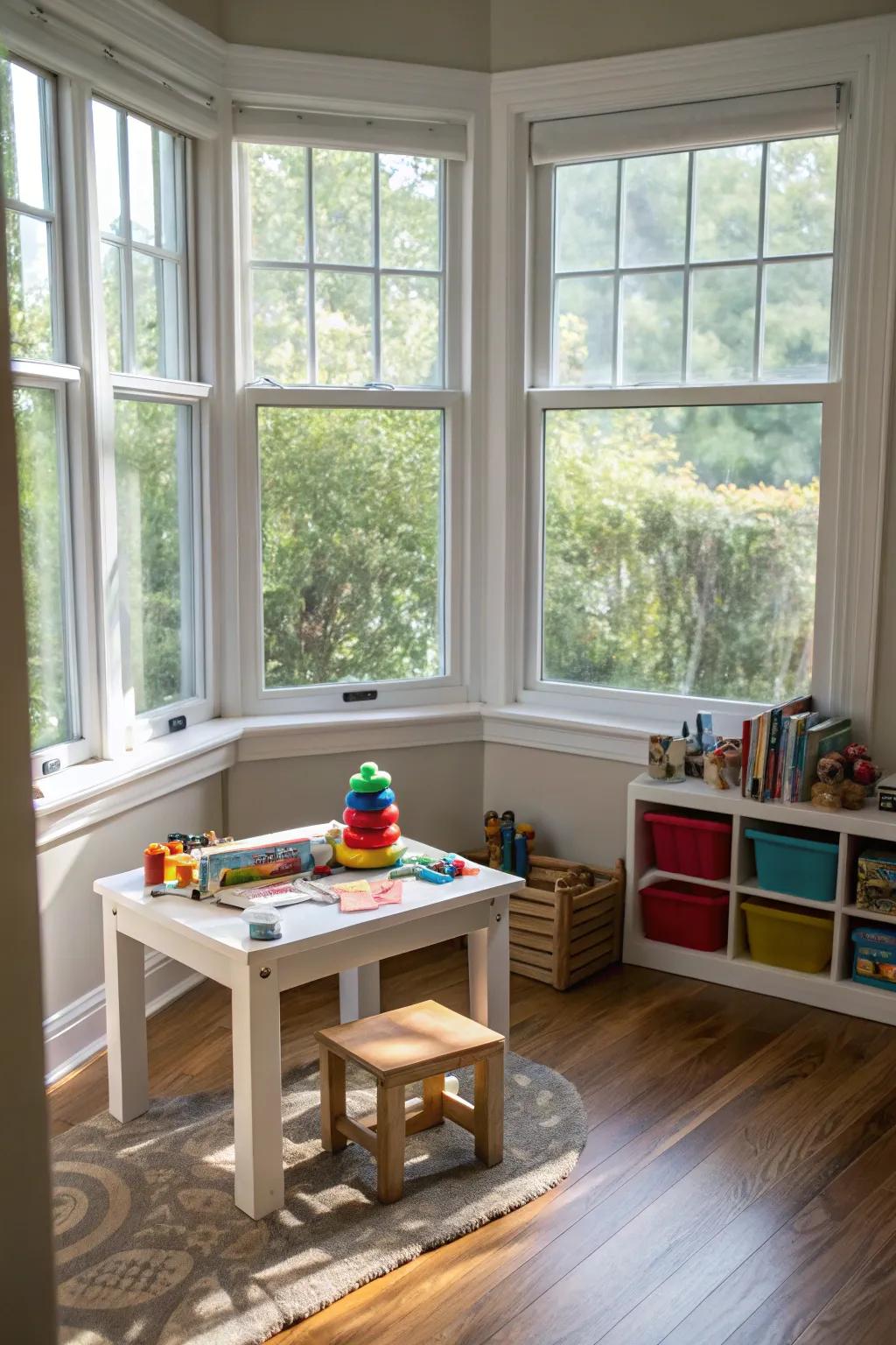 An interactive play zone within the bay window keeps children entertained and engaged.