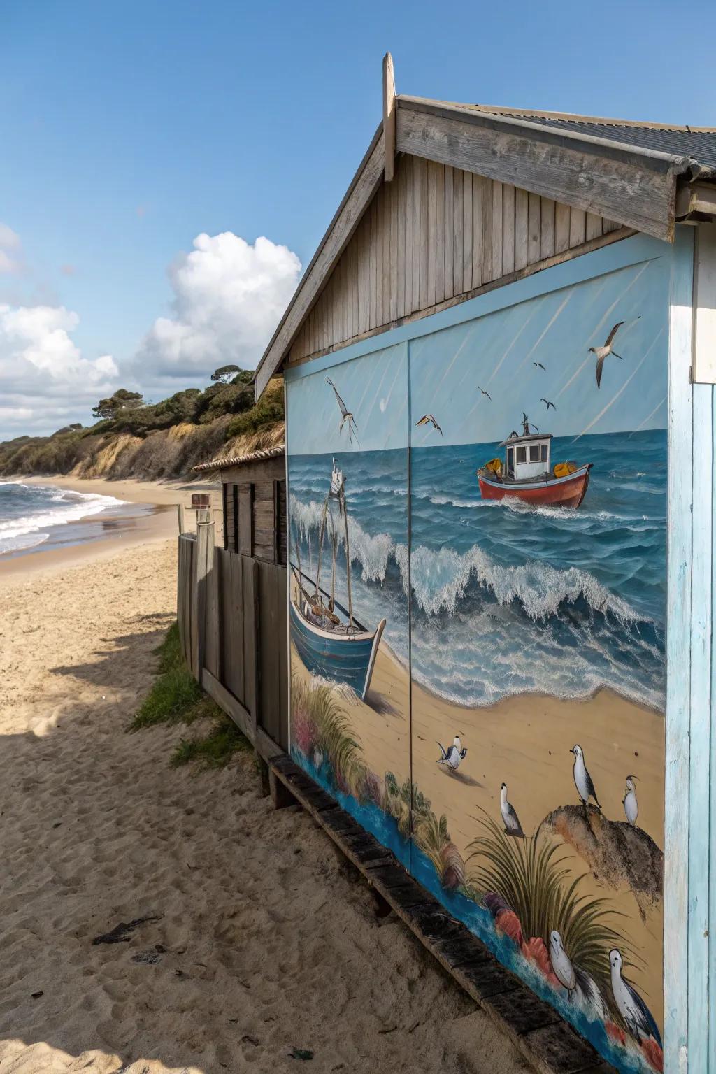A seaside wall painting transforms a beach outbuilding wall into a work of art.