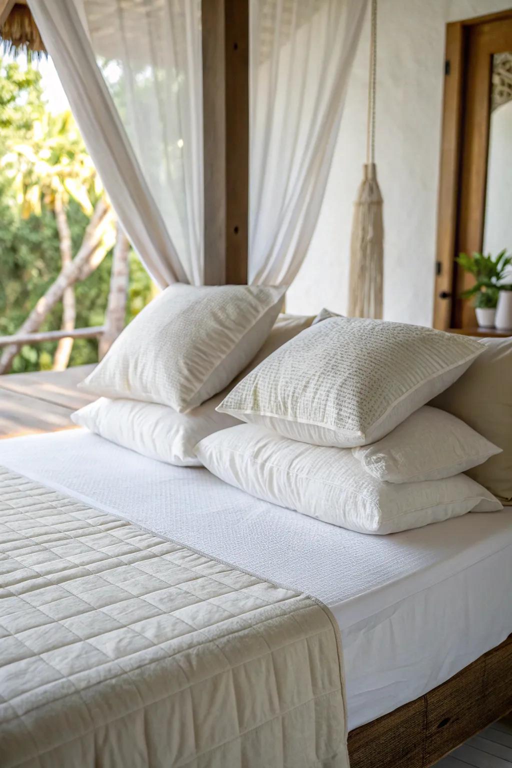 Attain peace through simple and serene cushion arrangements.