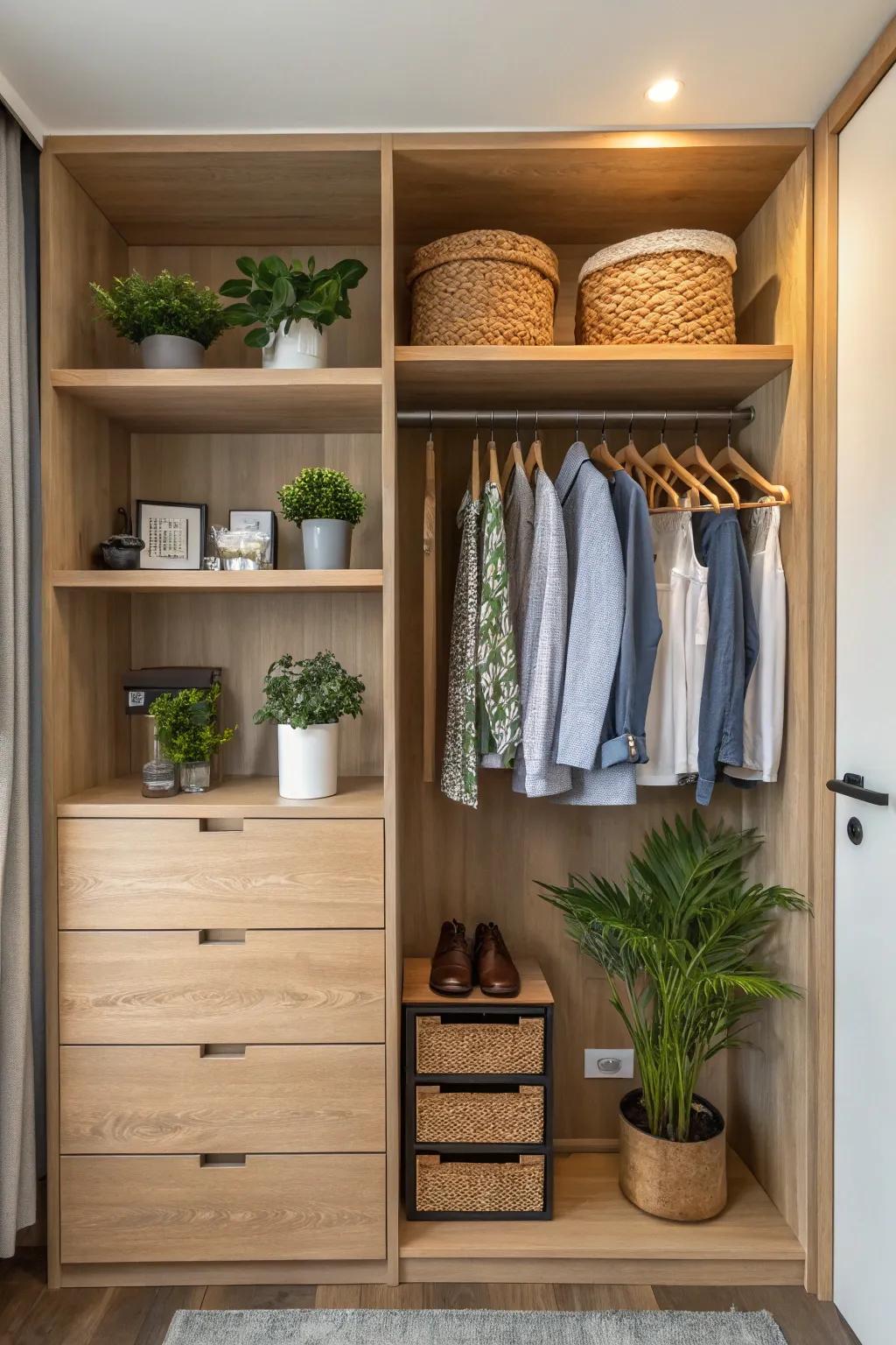 Natural elements foster a calming and welcoming atmosphere in the closet.