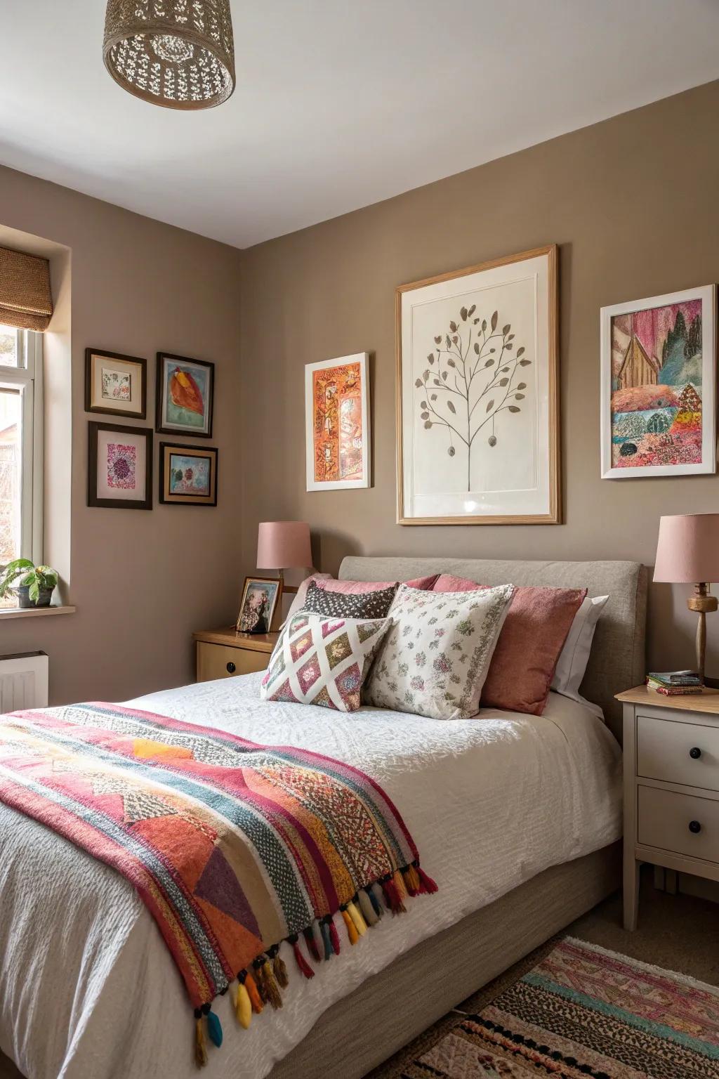 Refined taupes furnish a neutral canvas for colorful expressions in your bedroom.