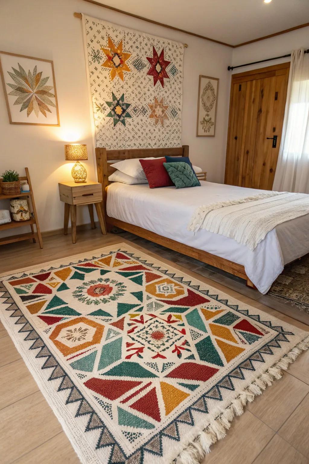 A modern flair is brought to the bedroom with geometric patterns.