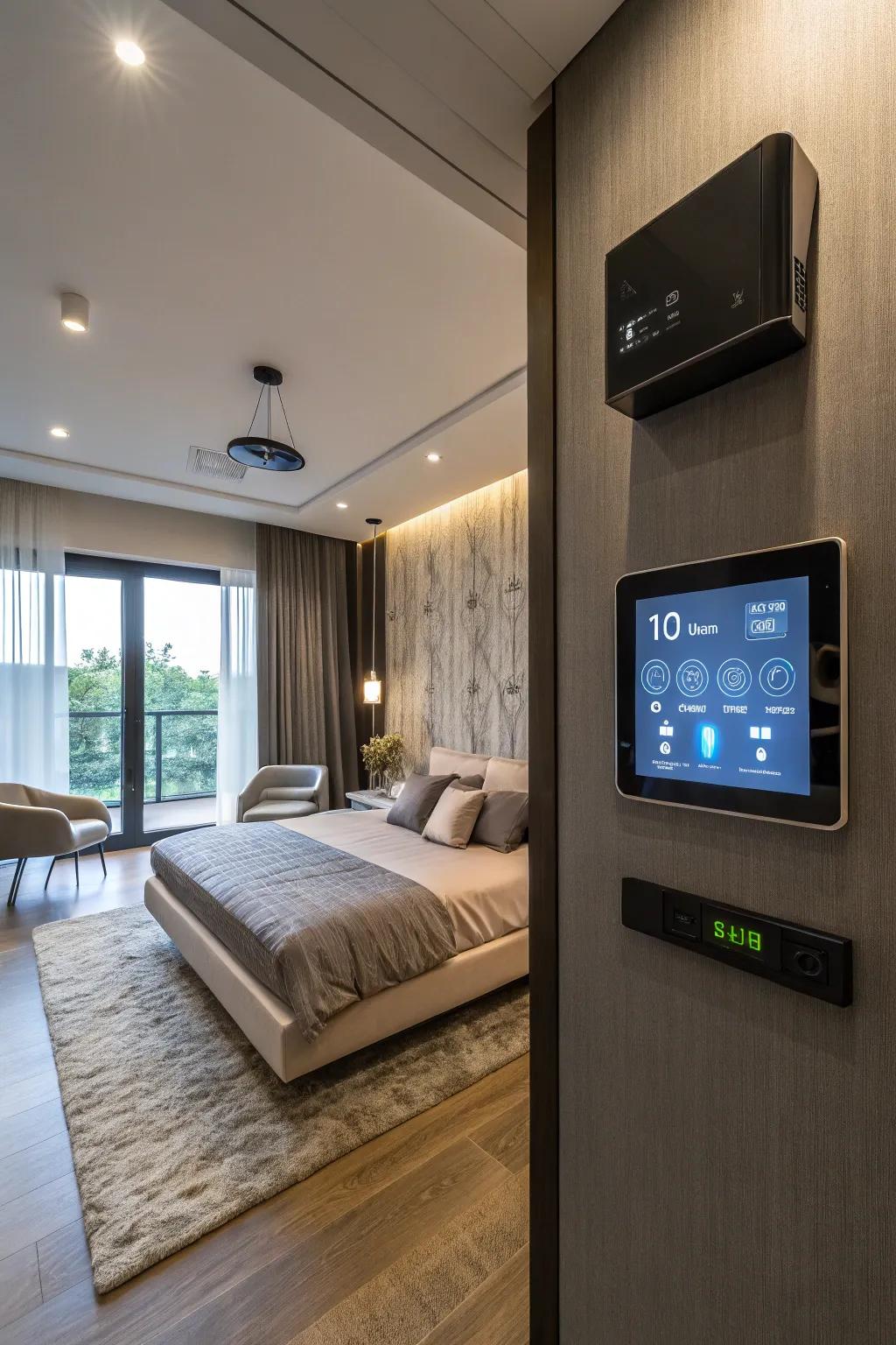 Smart technology seamlessly integrates convenience into a bedroom.