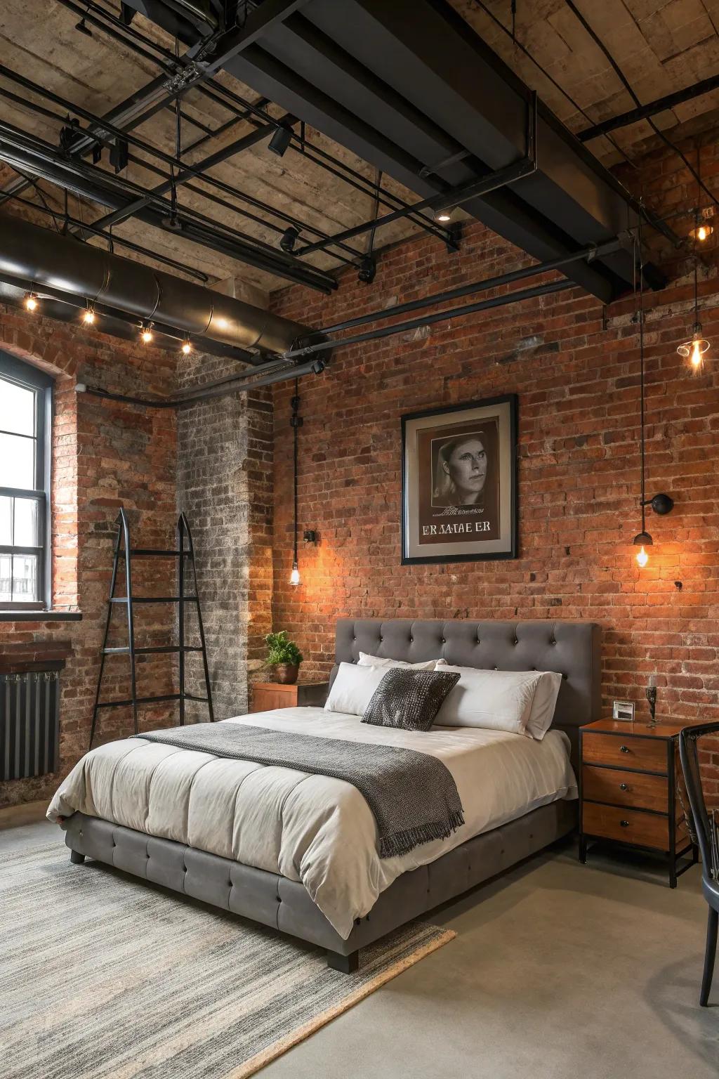 Exposed brick and metal accents create an urban loft aesthetic in this contemporary bedroom.