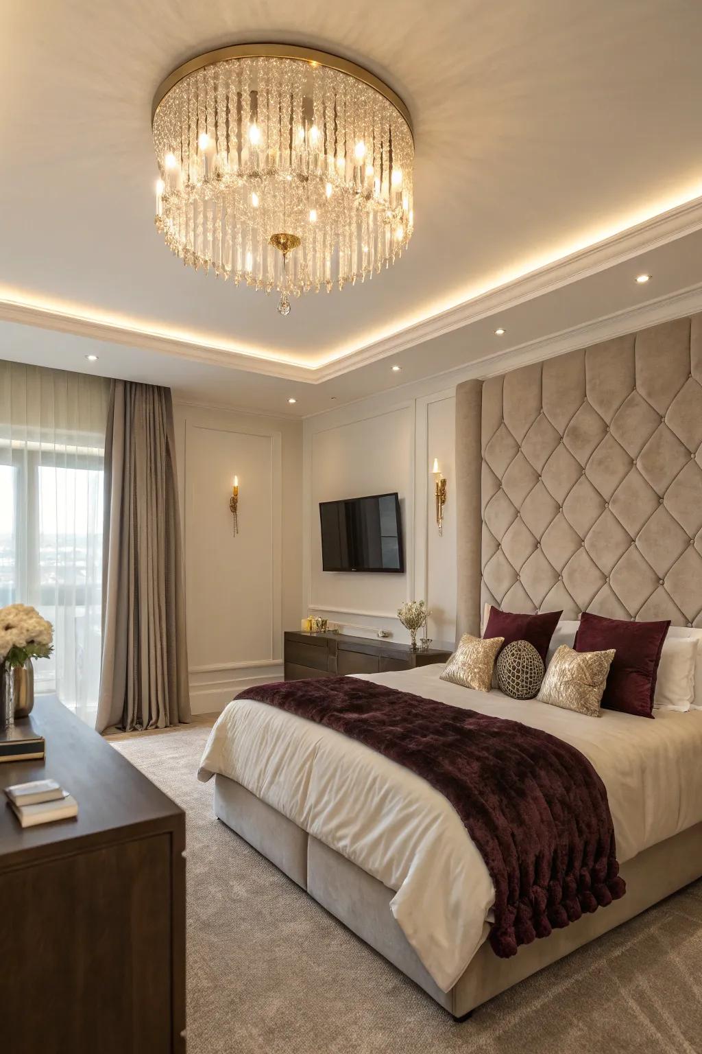 A statement chandelier elevates the elegance of your bedroom television area.