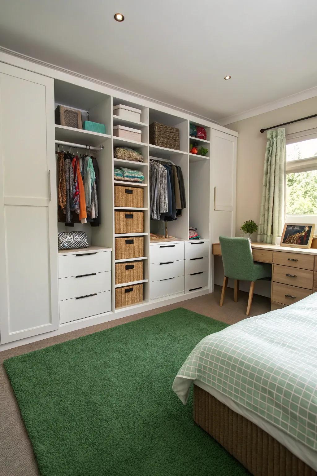 Clever storage keeps the bedroom organized, enhancing its functionality.