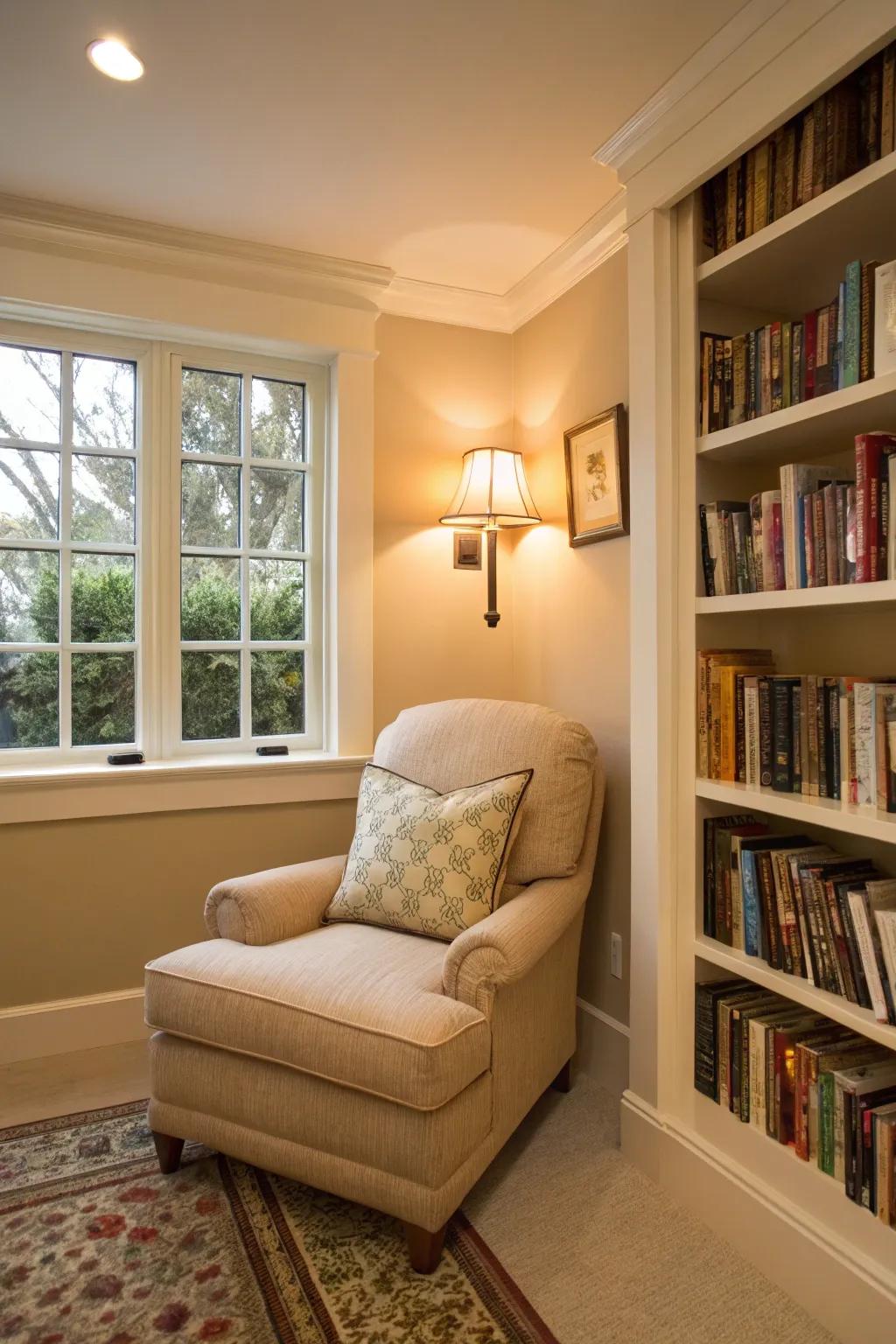 A snug reading alcove in beige provides the perfect retreat.