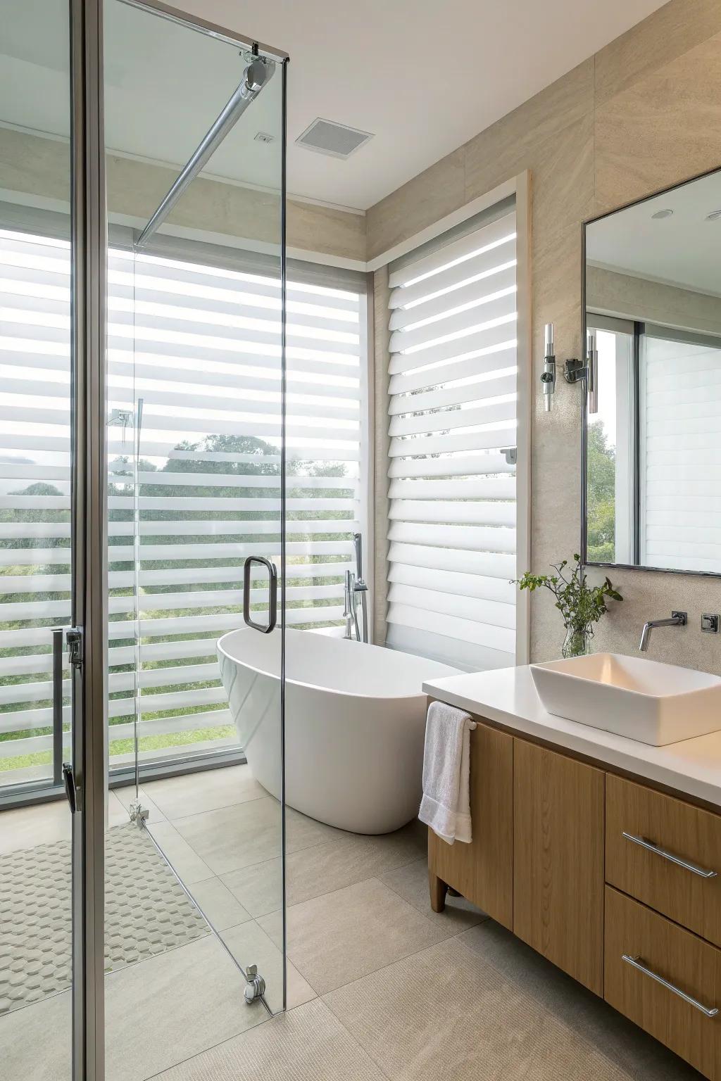 Frosted coverings that ensure privacy without sacrificing light.