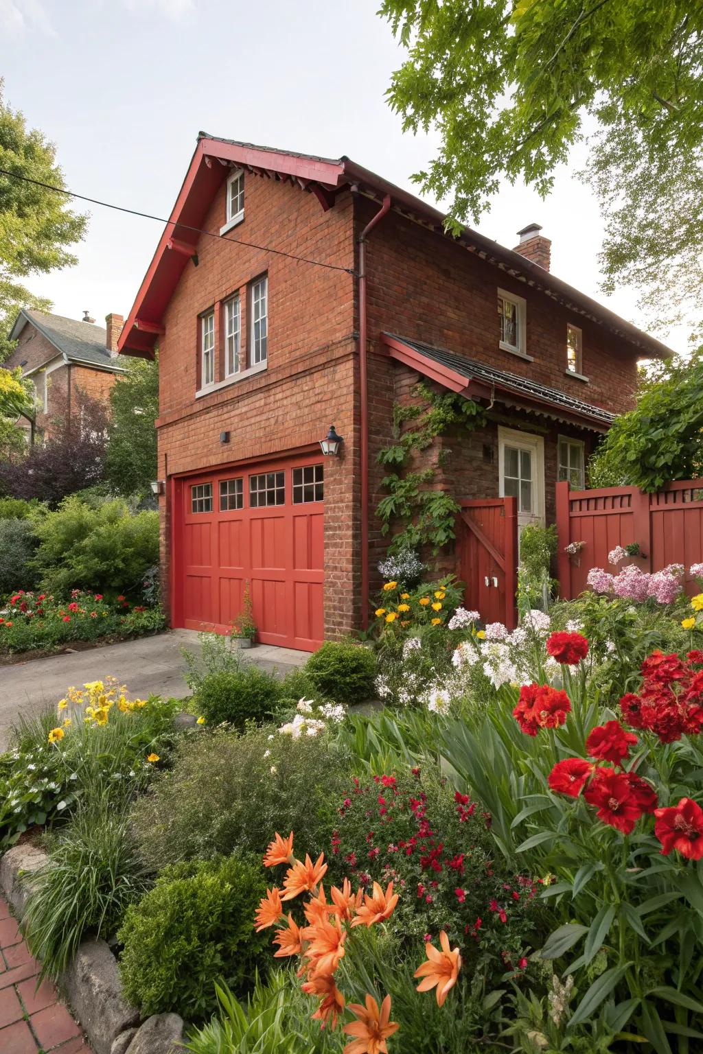 Brilliant scarlet garage doors make a daring statement on red brick homes.