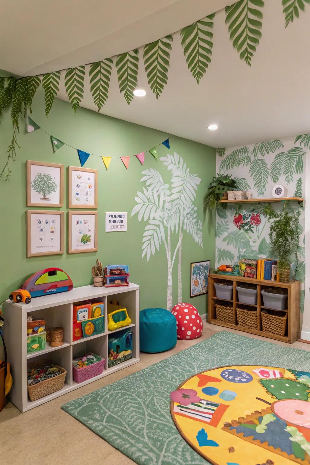 An energetic playroom with lively fern green walls.