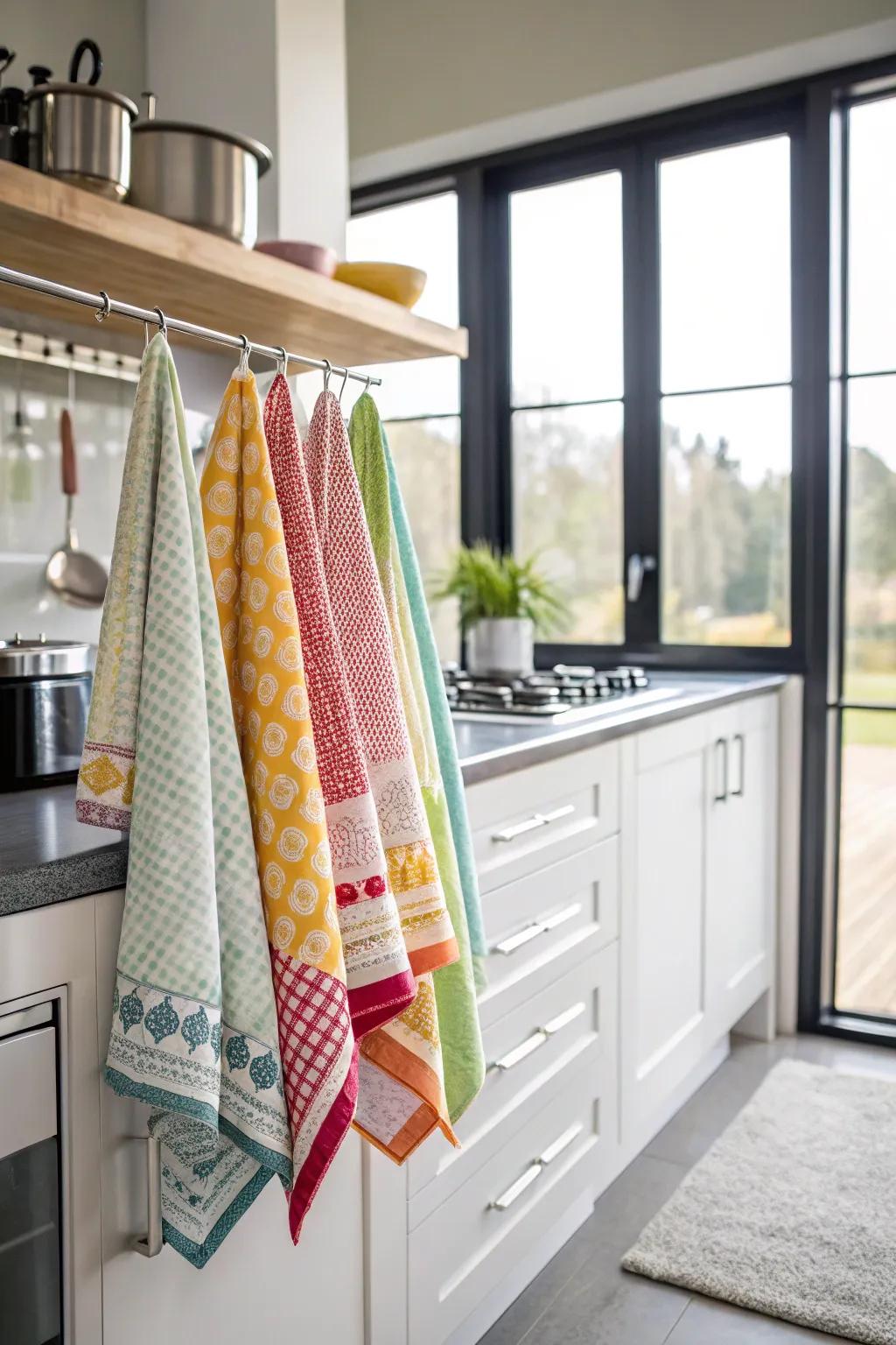 Charming cooking space cloths contribute a burst of hue and practicality.