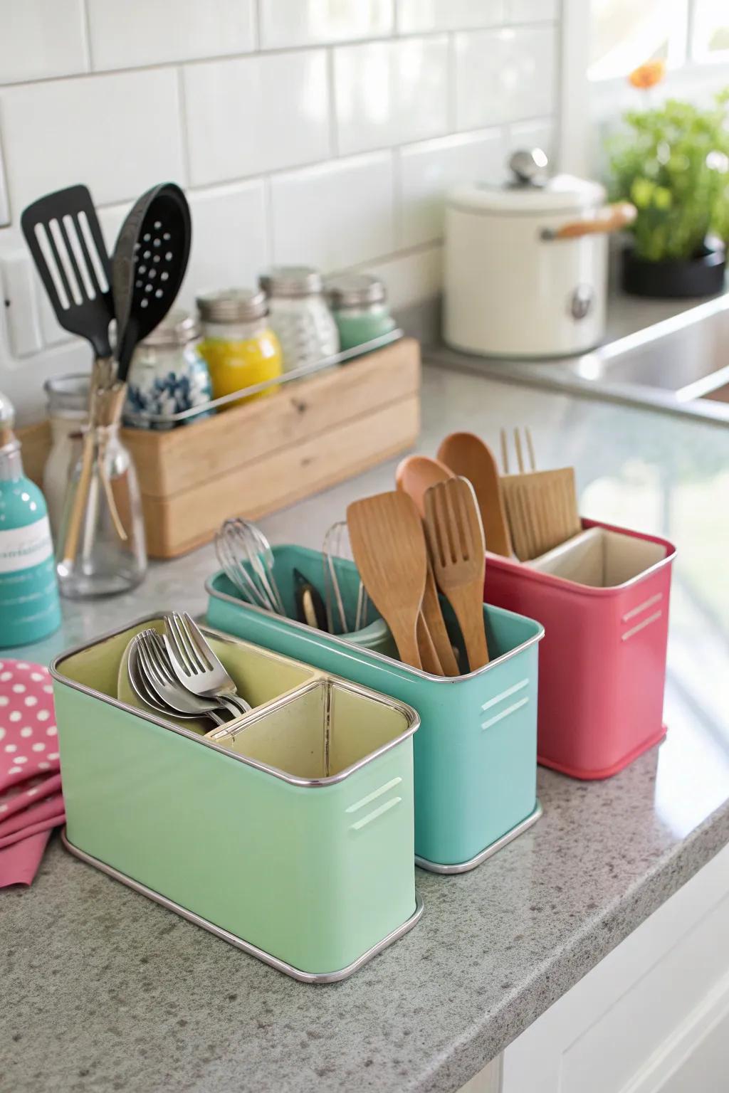 Organizing kitchen essentials through metal boxes.