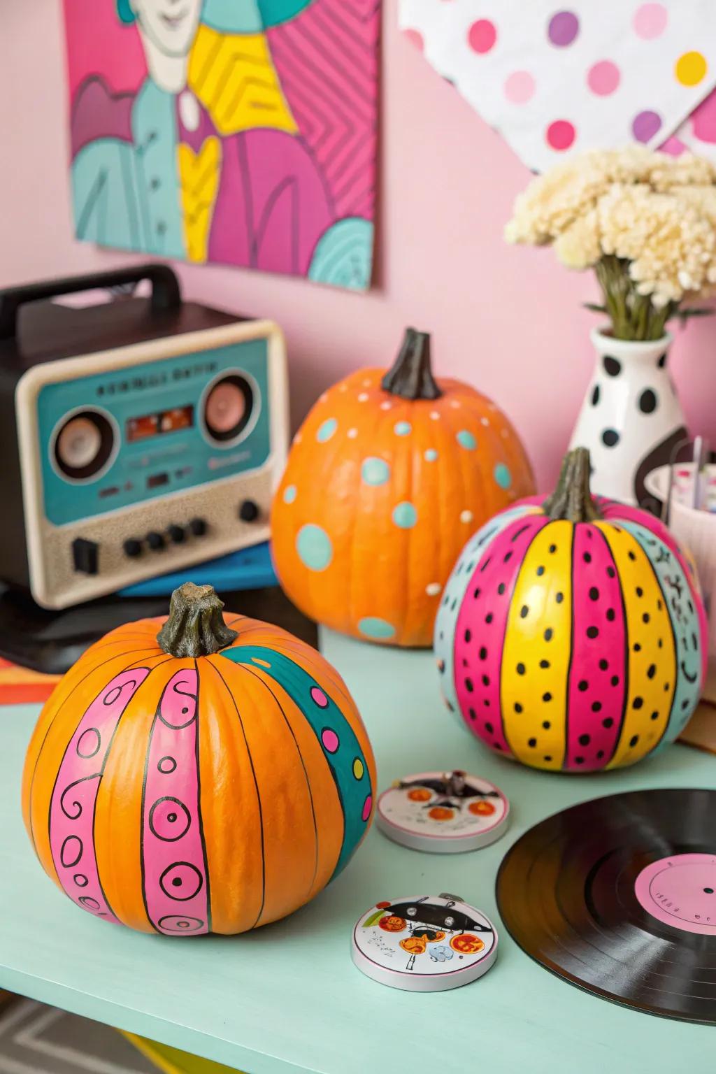 Introduce bold color through pop artwork-inspired pumpkins.