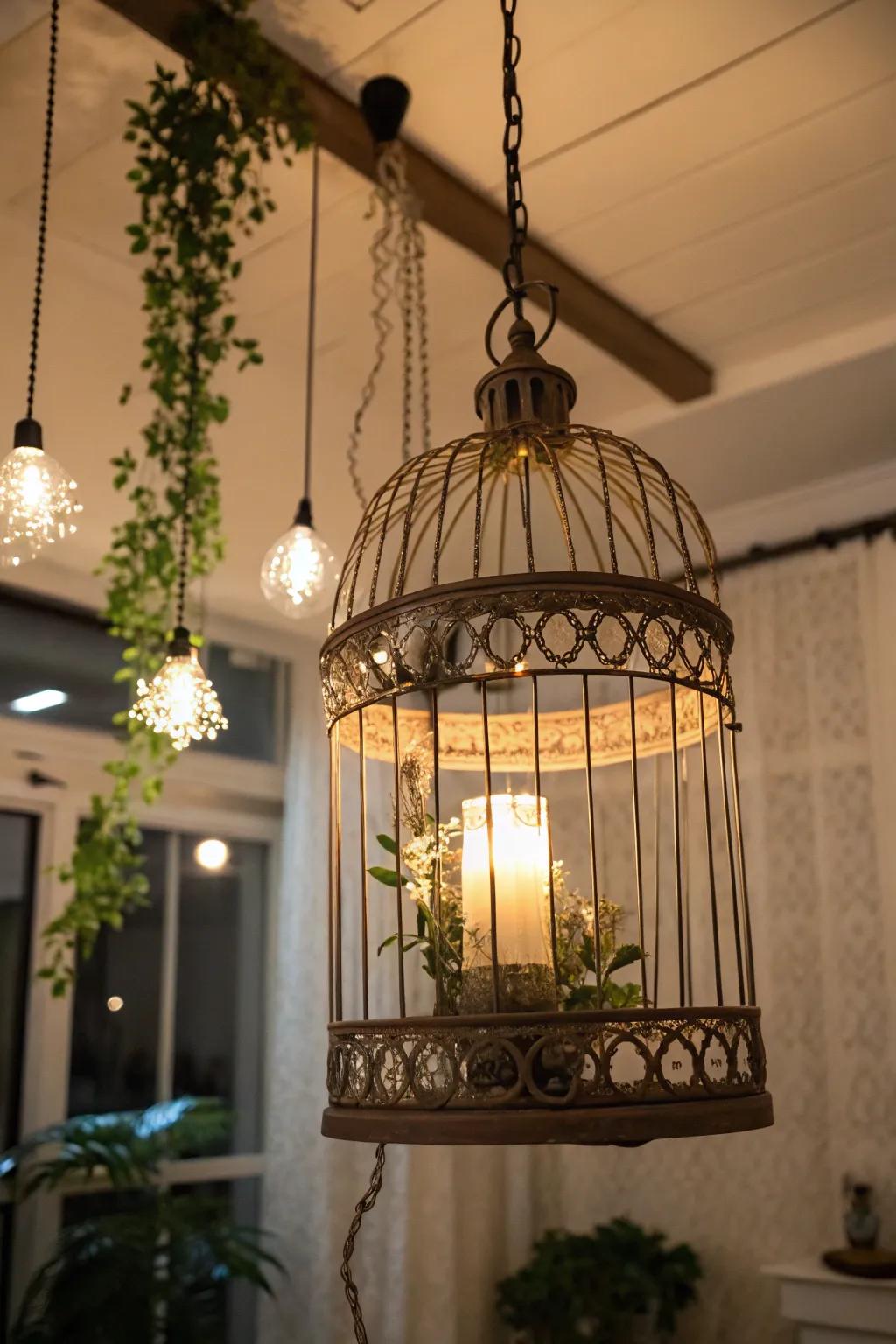 A suspended light fixture made from a bird cage adds unique style.