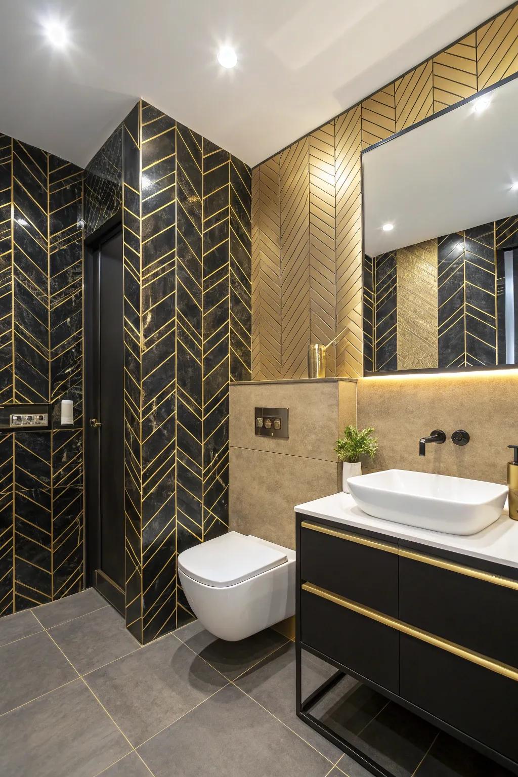 A tiled accent wall in black and gold adds drama and elegance.
