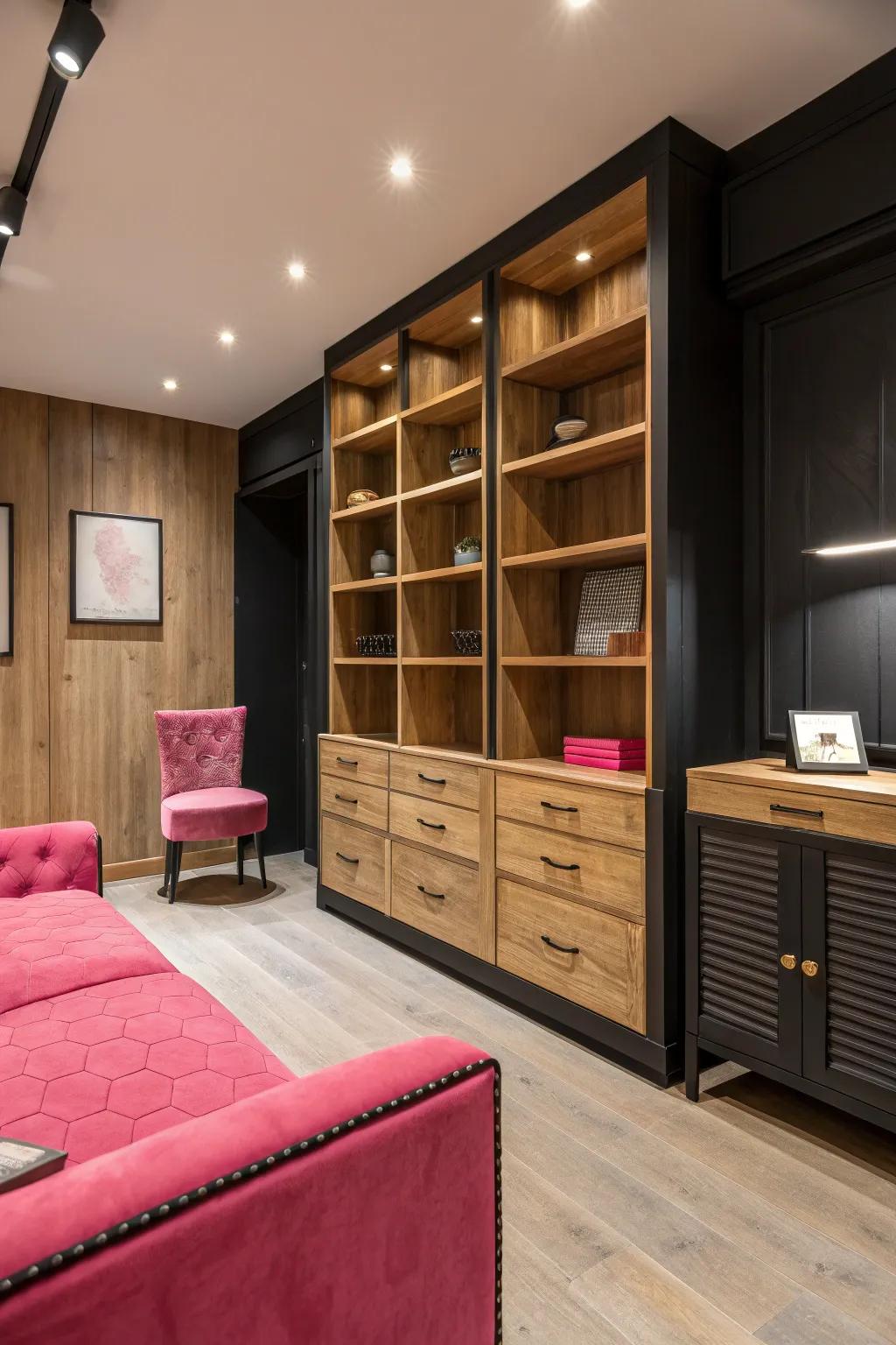 Natural parts like wood add warmth and balance to the design.