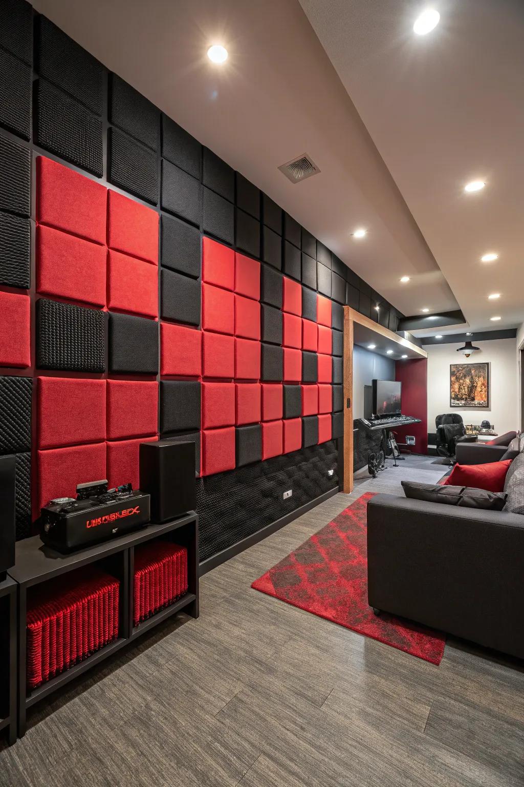 Crimson and black acoustic panels enhance sound quality and add stylish wall decor.