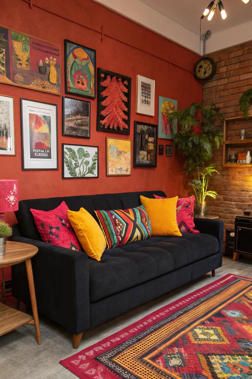 A burst of color enlivens a dark sofa.