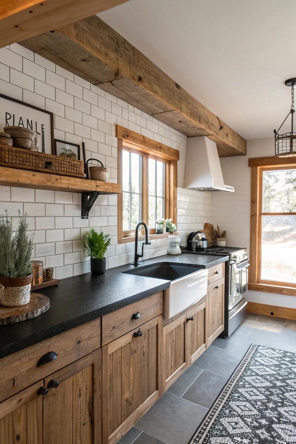 Modern country-house charm with ebony worktops.