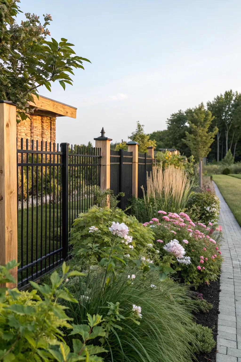 A warm combination of dark fencing with natural timber components.