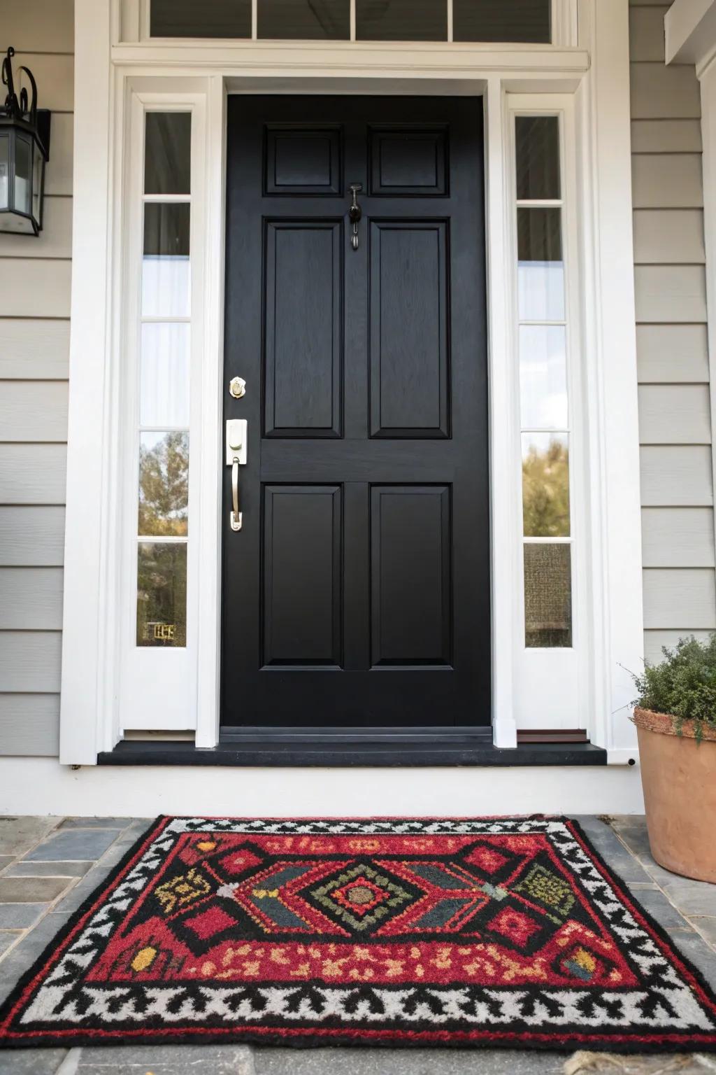 A patterned rug enhances warmth and complements the black and white door design.