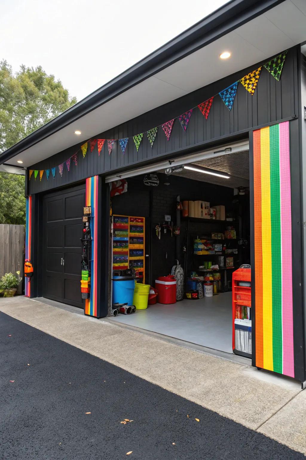 Vibrant touches introduce contrast and interest to the garage.