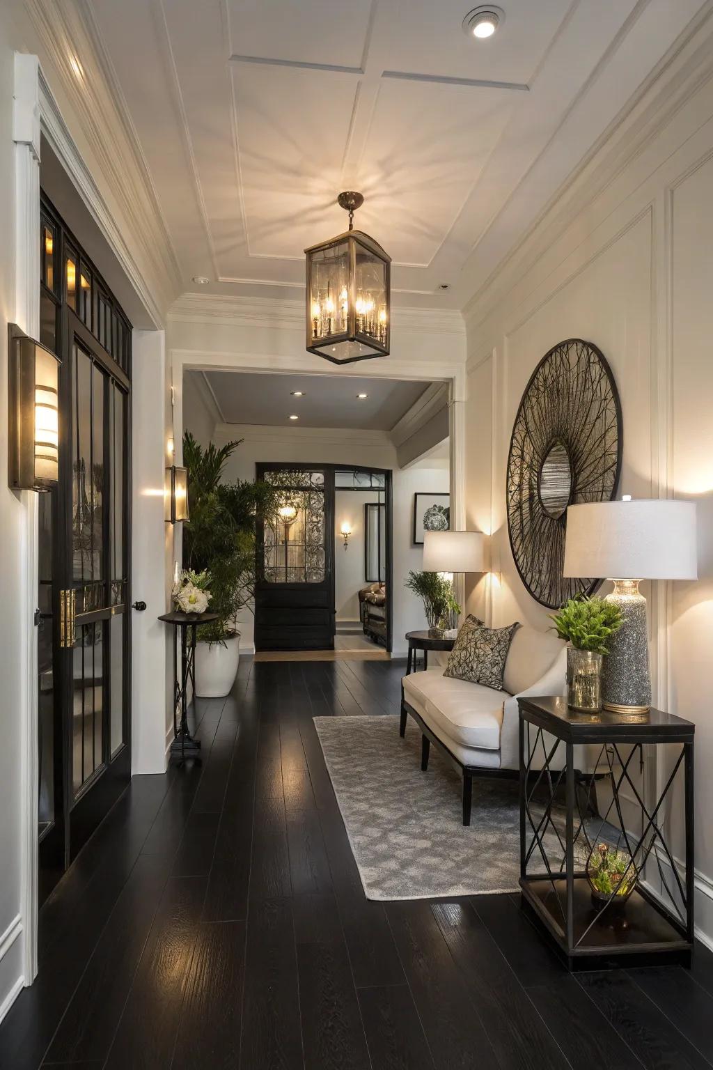 Chic entryway with dramatic dark floors.