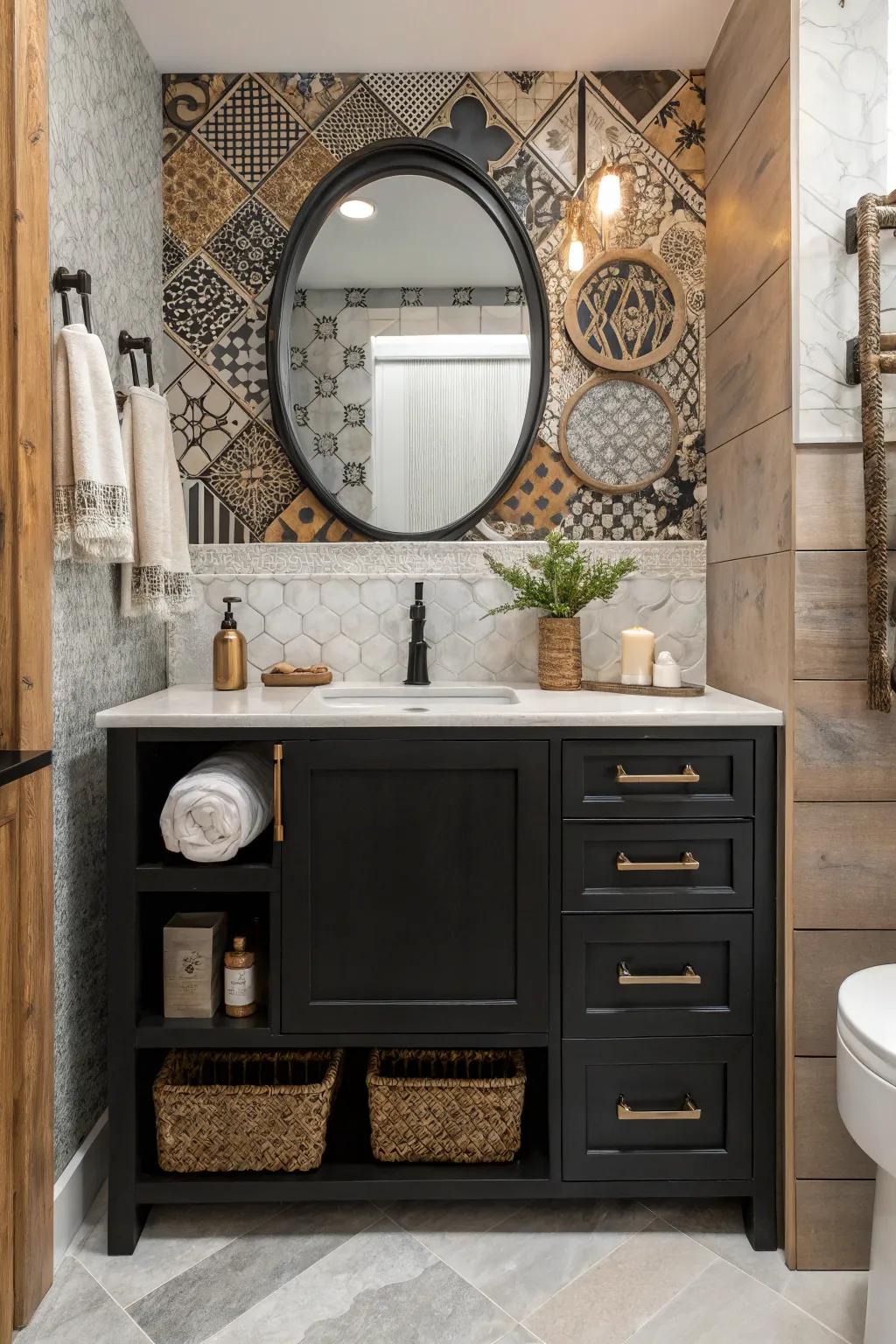 A diverse combination of textures around a dark-toned vanity adds dimension and intrigue.