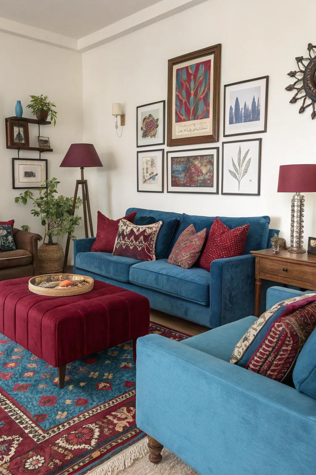 Sudden bursts of azure and crimson inject personality and vibrancy.