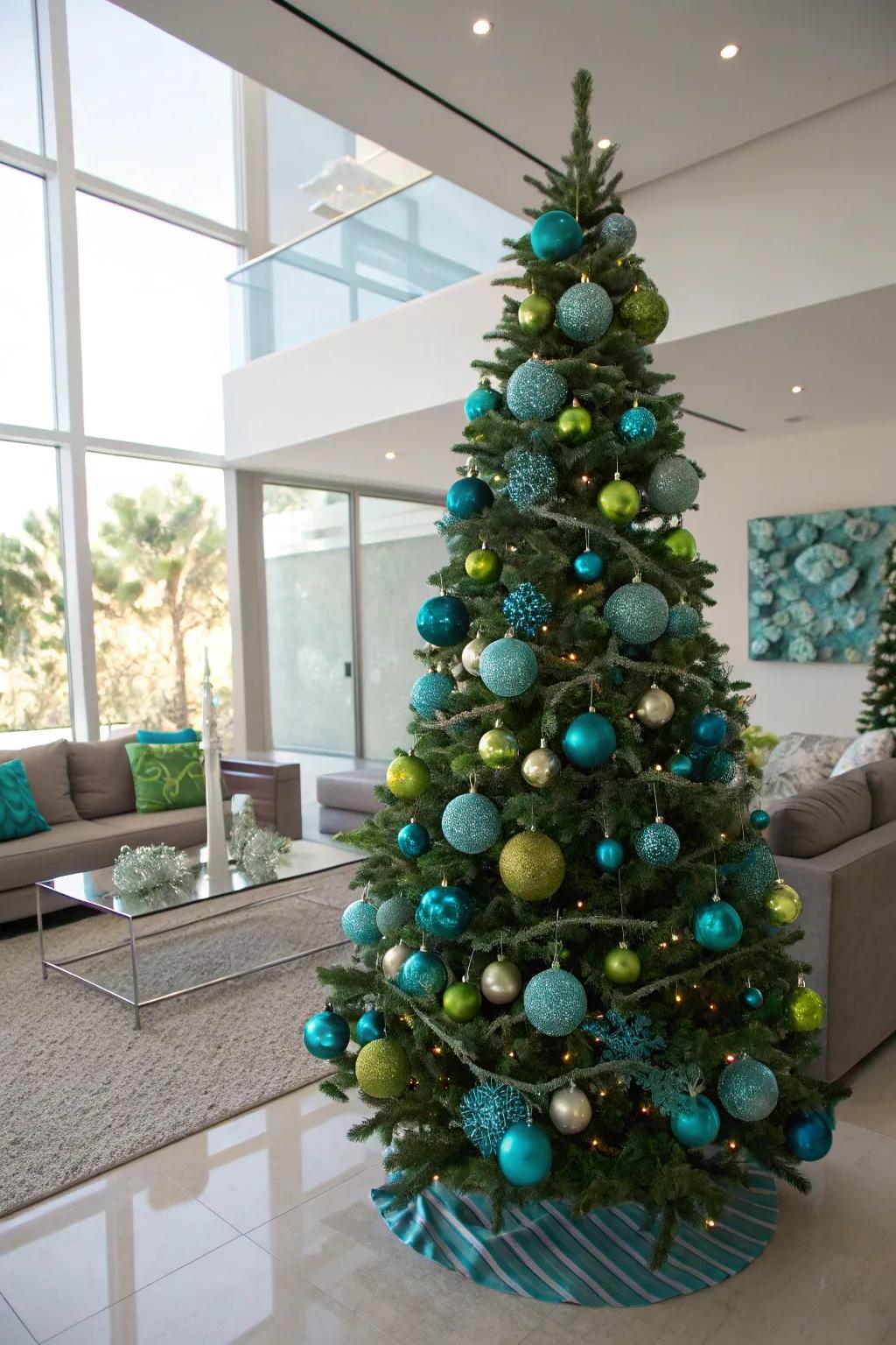 A tree in cyan and chartreuse, exuding modern chic style.