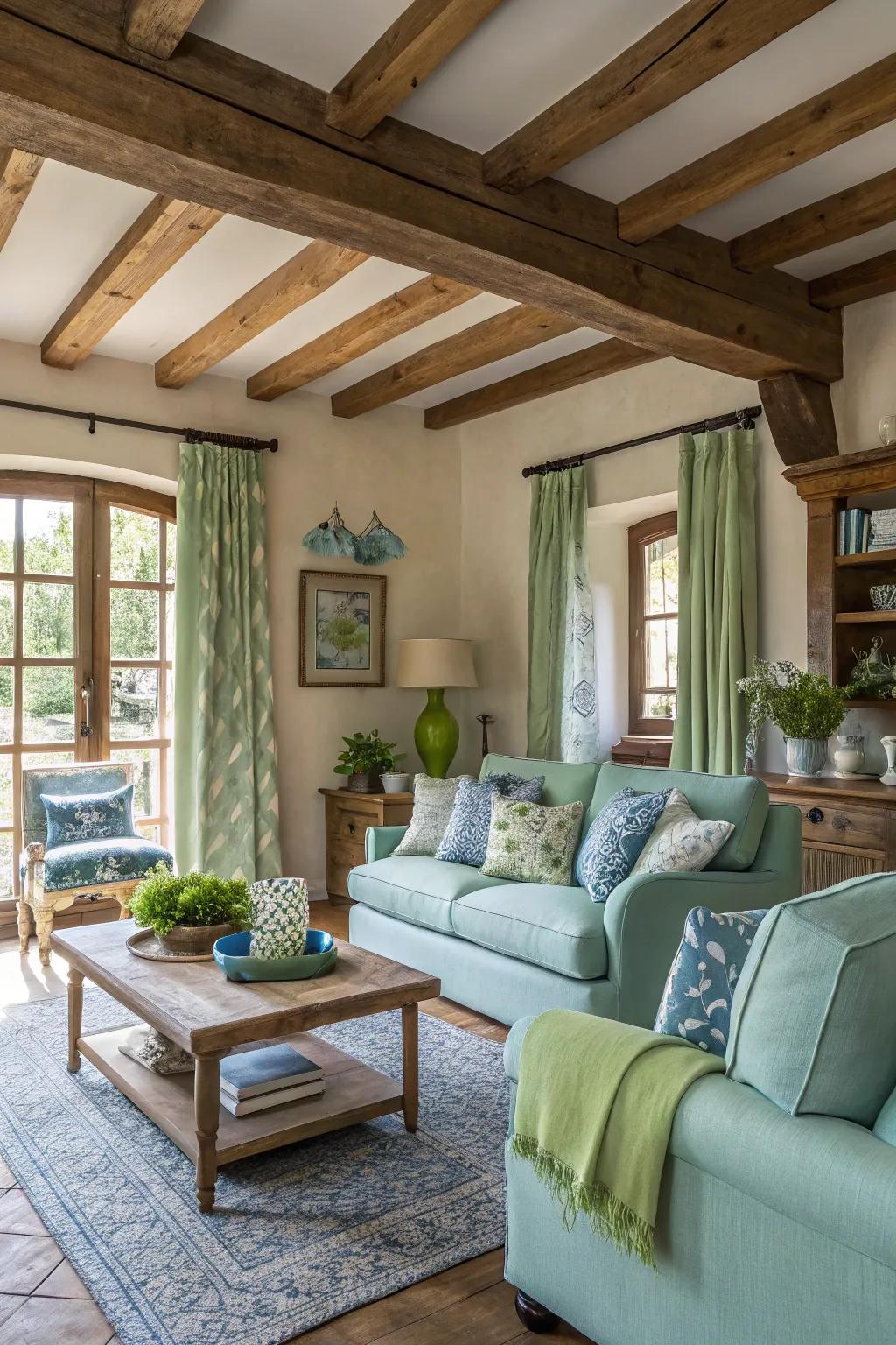 Country elements unite elegance in blue and green.