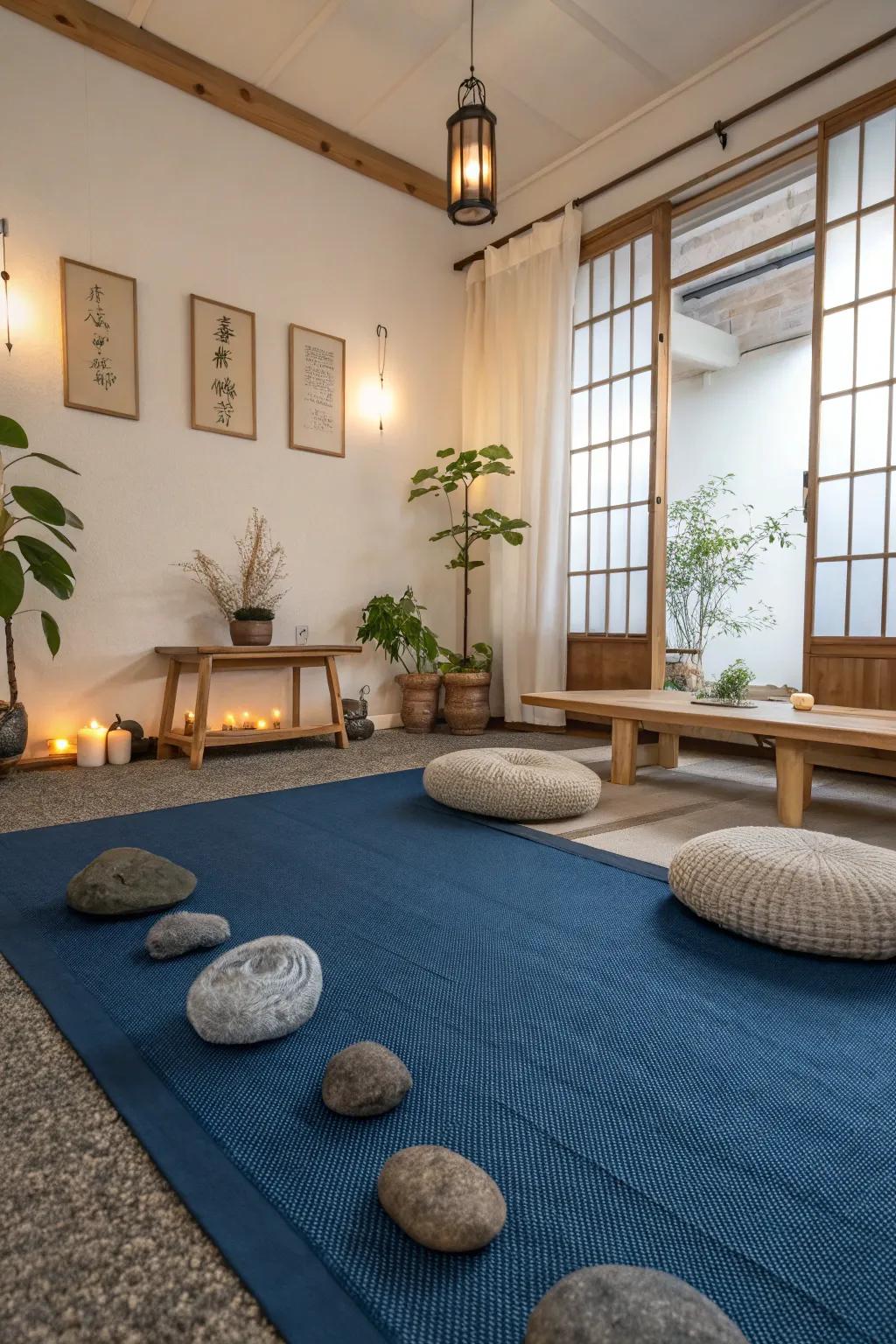 A blue carpet establishes the groundwork for a serene, Zen-inspired dwelling.
