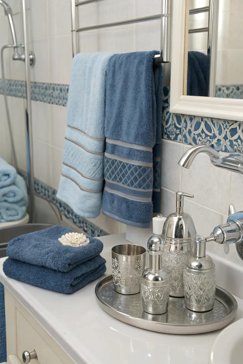 Azure and argent accents convey holiday jubilation to your lavatory.
